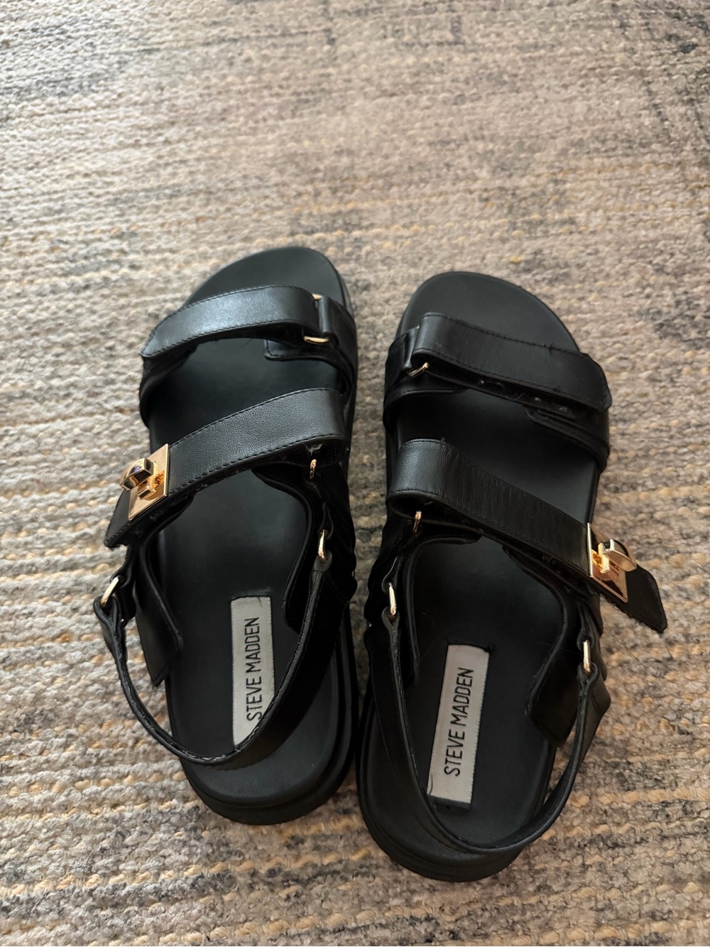 Steve Madden Black Leather Gold Buckle Strap Sandals